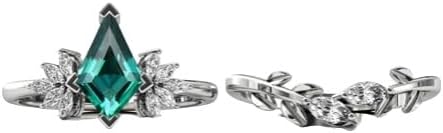 Filigree Kite Shaped Emerald Engagement Ring Set 2 CT Victorian 14k Gold Emerald Women Antique Promise Ring Set Art Deco Kite Emerald Wedding Ring Set 2 Piece Proposal Anniversary Ring Set