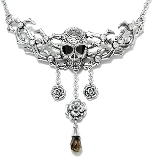 Stainless Steel Skull Pendant Necklace with Cable Chain for Edgy Accessory Lovers, Skull & Roses Design