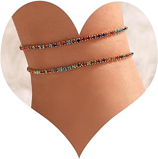 Zeshimb Boho Layered Tennis Ankle Bracelets Colorful Rhinestone Tennis Chain Anklets Dainty Rainbow CZ Diamond Anklet Beach Crystal Chain Anklet Foot Jewelry for Women Girls (2 Pcs)
