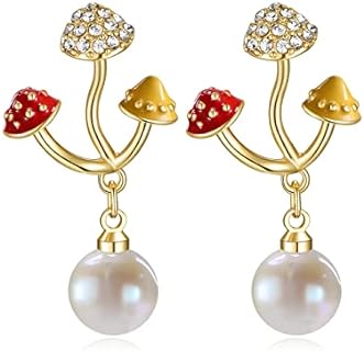 14K Gold Plated Cubic Zirconia Highlighted Mushroom Design Dangle Earrings with Pearl Drop Detail for Women and Girls