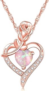 Rose Gold Plated Pink Opal Heart Pendant Necklace with Cable Chain - Elegant Birthstone and Rose Flower Design for Women - Ideal Jewelry Gift for Wife, Mom, Girlfriend