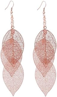 Filigree Copper Leaf Dangle Earrings with French Wire Back Finding for Women, Leaf Shape Design