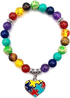 Crystal-Embellished Autism Beaded Bracelet with Bead Chain and Easy Hook Clasp for Loved Ones - Heart, Cross, & Ribbon Design