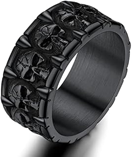 ChainsProMax Can Engrave Men Skull Rings, Stainless Steel Statement Biker Rings, Gold Plated/Black-Send Gift Box