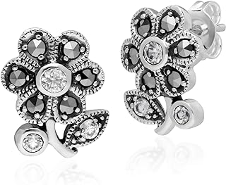 Sterling Silver Flower Stud Earrings with Marcasite Gemstones and Push Back System by Gemondo USA