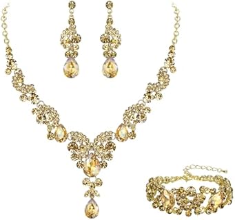 EVER FAITH Rhinestone Crystal Bridal Art Deco Floral Wave Teardrop Necklace Earrings Bracelet Jewelry Set