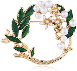 Pearl Flower Wreath Brooches for Women Men Girls Gold Tone Fashion Vintage Green Olive Leaf Hollow Garland Brooch Pins Bow Tie Necktie Dress Accessories Jewelry Birthday