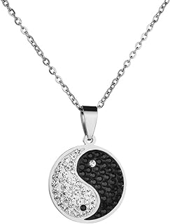Diamond-Accented Yin Yang Pendant Necklace with Lobster Clasp in Titanium & Stainless Steel for Unisex, Chinese Taiji Bagua Design