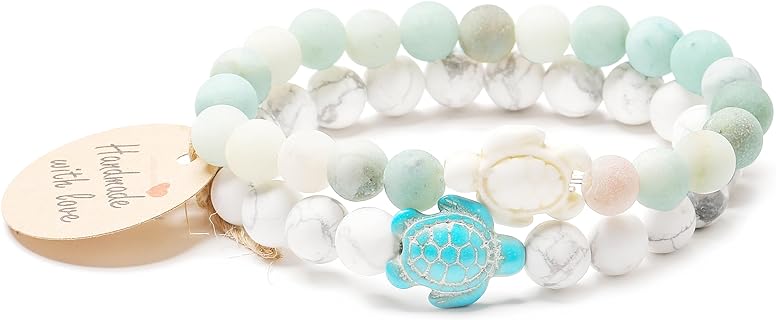 Amazonite Sea Turtle Beaded Bracelet, No Clasp Elastic Friendship Accessory for Men and Women, 8mm Natural Stone Bead Chain