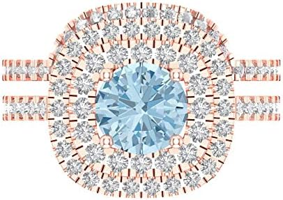 1.8ct Round Cut Natural Aquamarine 14K Rose Gold Halo Solitaire W/Accents Engagement Bridal Wedding Ring Band Set