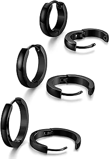 Jstyle Stainless Steel Hoop Earrings for Men & Women in Black, Hypoallergenic, Set of 3 Pairs in Three Distinct Sizes with Hinged Hoop Back Finding, Versatile and Trendy Dome Design