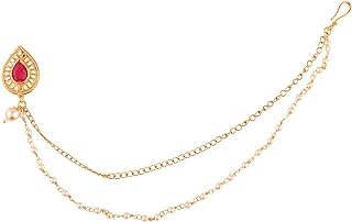 Efulgenz Indian Jewelry Kundan Crystal Nose Ring Hoop Pin Fake Septum Ring with Chain Nose to Ear Chain Non Piercing Body Jewelry