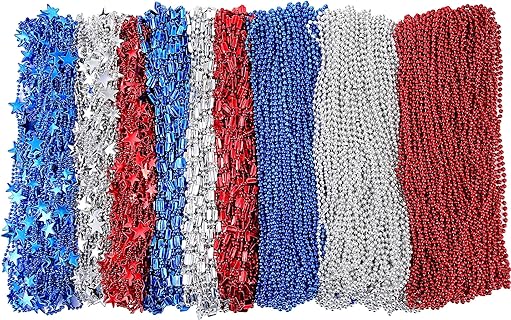 300 Pcs Henoyso Patriotic Star Bead Necklaces with Ball Chain - Red, Blue, Silver - Ideal for Independence Day, Memorial Day Parties & Parades