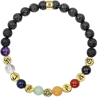 KARMA AND LUCK Women's Real Lava Rock Stone 18K Gold Plated Brass Chakra 7-10" Stretch Beaded Bracelet for Balanced Spirit | Gleaming stones | Strech upto 6.5" - Handmade in Bali