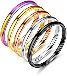 COLORFUL BLING 2mm Thin Titanium Stainless Steel Stackable Band Knuckle Stacking Rings Set Dome Polished Surface Midi Ring Simple for Men Women Wedding Classic Jewelry