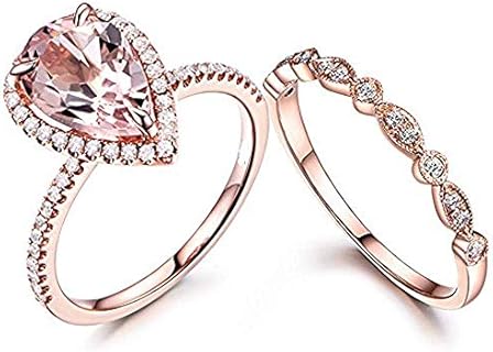 925 Sterling Sliver Engagement Wedding Bridal Ring Set Pear Shaped Morganite CZ Diamond Halo Antique Marquise Milgrain Stackable Art Deco Band Ring For Womens