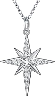 Cubic Zirconia Encrusted Sterling Silver Star Pendant Necklace with Adjustable Cable Chain for Women and Girls