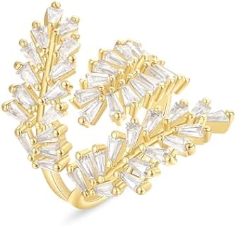 14K Gold Plated Adjustable Clasp Statement Ring with Cubic Zirconia for Women, Geometric Design