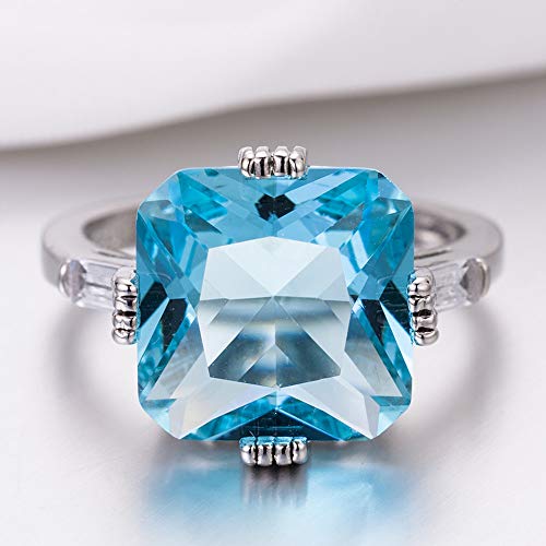 KOICCVQQ Vintage Fashion Women 925 Sterling Silver Cut Aquamarine Cubic Zircon Blue Topaz Four Claw Engagement Wedding Ring Cocktail Knuckle Stacking Finger Rings (Size 9)