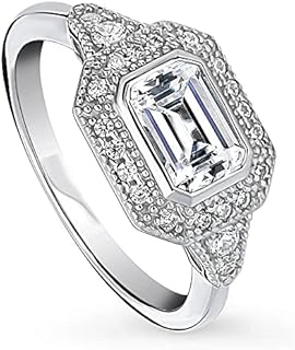 BERRICLE Sterling Silver Halo Wedding Engagement Rings Emerald Cut Cubic Zirconia CZ East-West Promise Ring for Women, Rhodium Plated Size 4-10