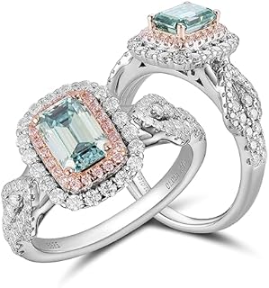 DovEggs Moissanite Engagement Rings for Women 1ct 5x7mm Elongated Emerald Cut Moissanite Peacock Blue Lab Grown Double Halo Split Shank Engagement Ring Moissanite&Sapphire accents Sterling Silver