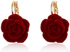 Vintage Flower Hoop Earrings for Women Girls Gold Plated Hypoallergenic Red Velvet Rose Camellia Floral Huggie Hoops Earring Elegant Wedding Holiday Valentine Jewelry Gifts