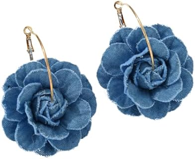 Denim Camellia Flower Dangle Earrings for Women Girls Cowboy Statement Big Exaggerated Fabric Hoop Huggie Blue Floral Studs Gold Plated Long Drop Dangling Earring Fashion Jewelry Gifts