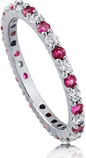 Sterling Silver Simulated Ruby and Cubic Zirconia Stackable Eternity Ring for Women, Rhodium Plated, Size 4-10