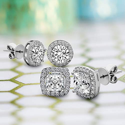 Lesa Michele 925 Sterling Silver Cushion & Round Shaped Cubic Zirconia Halo Stud Earrings for Women 2 Pair Earring Set