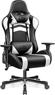 OneGame Gaming-Stuhl, ergonomisch mit Kopf- und Lendenwirbelstütze, Racing-Style, in Schwarzweiß, 3D-Armlehnen, ideal für Gamer für langes Sitzen
