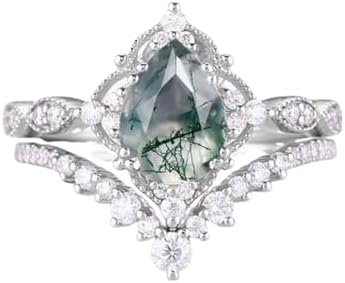 Rose Gold Pear Shaped Moss Agate Engagement Ring and Wave Wedding Band Set for Women, Elegant 1.5 ct Vintage Bridal Jewellery Set