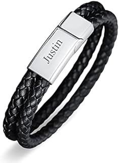 Qitian Custom Engraved Leather Bracelet | Personalized Gift for Boyfriend | Anniversary Present | Birthday Present | Genuine Braided ID Bracelet with Magnetic Clasp Closure