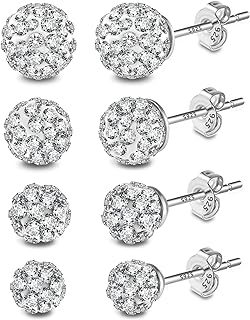 Hypoallergenic Push-Back Sterling Silver Crystal Stud Earrings Set - Disco Ball Design for Women - Four Pairs in Different Sizes