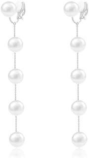 Ritach Clip on Earrings for Women 14K Gold Plated Long Dangle Pearl Earrings Hoop Simple No Piercing Earrings for Wedding Minimalist Jewelry for Women Girls