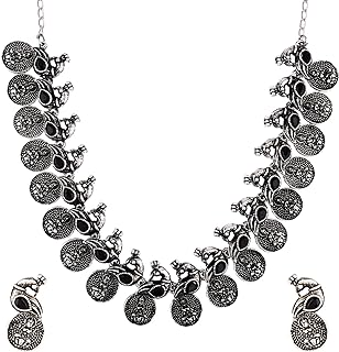 Efulgenz Choker Necklace and Earrings Indian Oxidized Jewelry Set for Women Antique Bohemian Crystal Stone Mahalaxmi Coin Peacock Necklace Dangle Earrings Fashion Jewelry for Women