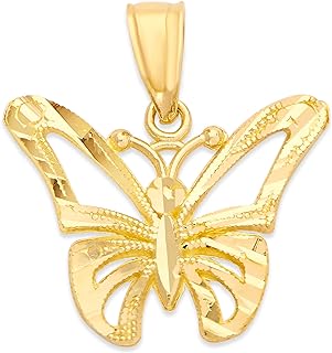 10k Real Solid Gold Butterfly Pendant Necklace Finished with Milgrain and Diamond Cut, Dainty Animal Charms Fashion Jewelry for Women Symbol of Hope (Yellow-Gold, 0)