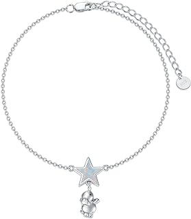 Sparkling Sterling Silver Elephant Anklet with Rolo and Link Chain, Featuring Spring Ring Clasp and Opal Gem for Women and Girls - Star Shape Design by VONALA