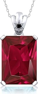 Gem Stone King 925 Sterling Silver Red Created Ruby and Black Diamond Pendant Necklace For Women (20.03 Ctw, Emerald Cut 18X13MM, With 18 Inch Sterling Silver Chain)