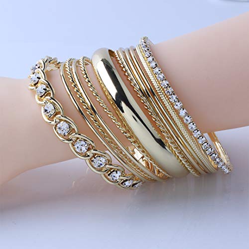 Twisted Multiple Metal Bracelets & Bangles Set for Women 12Pcs/Set W/Clear Rhinestones