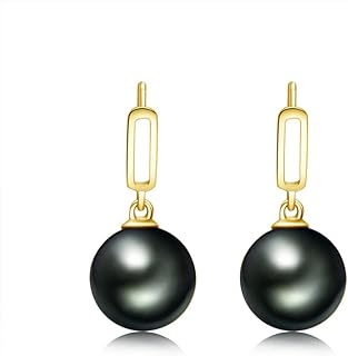 Real 18K Gold Tahitian South Sea Cultured Black Pearl Stud Dangle Earrings, 4A Quality Round Pearl Drop Earrings Gifts For Women