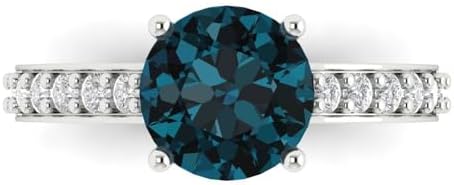 2.18 ct Round Cut Natural London Blue Topaz 18K White Gold Solitaire with Accents Wedding Engagement Bridal Promise Ring