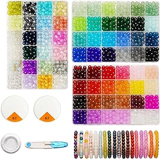 1800pcs 8mm Glass Beads for Bracelet and Jewelry Making, 72 Colors Crystal and Crack Beads Kit with String for Bracelet Making DIY Crafts