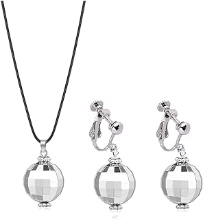 RUIZHEN 60s 70s Silver Disco Ball Clip on Earrings Necklace Set Halloween Mirror Ball Earrings Women's Costume Accessories Set