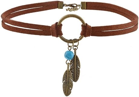 Bohemian Feather Charm Choker Necklace by MJartoria with Leather Chain & Lobster-Claw Clasp