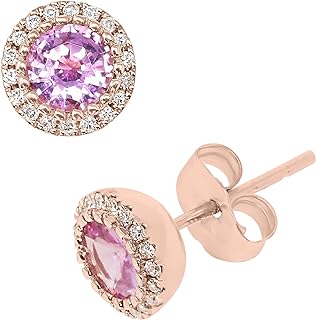 KOKAV Rose Gold Stud Earrings with Genuine Pink Sapphire & Diamond Halo - Secure Push-Back Fastening