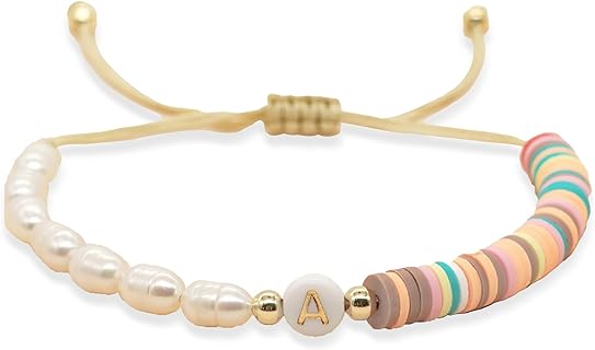 Baroque Pearl Beaded Initial Adjustable Bracelets for Women Teen Girls, Cute Handmade Colorful Clay Beads Friendship Name Letter Bracelet Holiday Beach Jewelry Friend Gift
