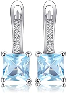 1.4ct Princess Cut Genuine Sky Blue Topaz Hoop Earrings in 14k White Gold Plated 925 Sterling Silver with Hinged Hoop Back