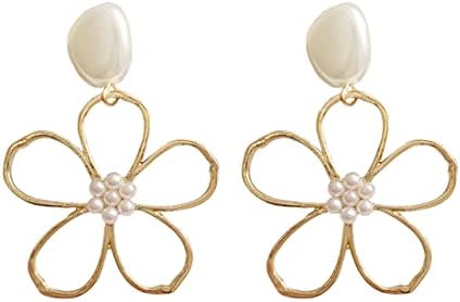 Exaggerate Daisy Dangle Earrings Hollow Flower Big Earrings Alloy Pearl Earring Double Layer Flower Stud Earrings Elegant Dangle Drop Earrings Jewelry for Women Girls