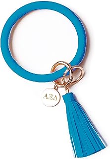 Alpha Xi Delta Vegan Leather Bangle Key Ring Bracelet with Gold-Engraved Disc - Trendy Bag Accessory/Gift for Women and Girls