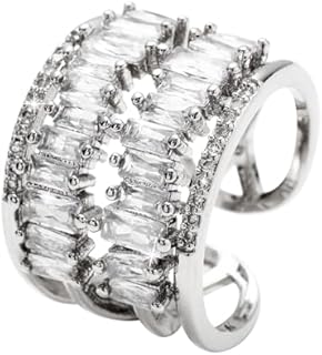 Silver Adjustable Crystal-Embellished Statement Cocktail Rings for Women - Chunky Baguette Rhinestone Design Perfect for Parties, Engagements, and Anniversaries